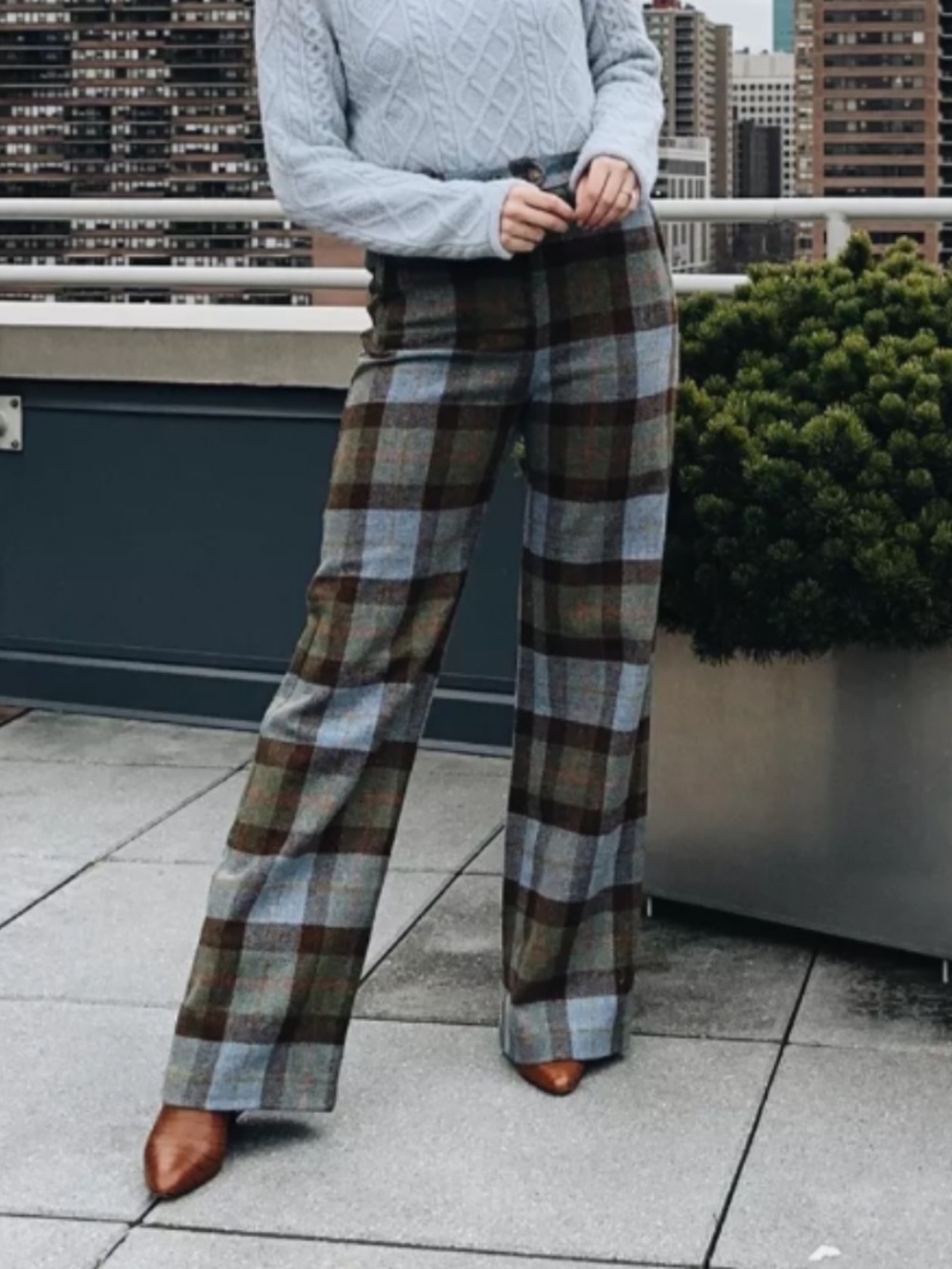 Sezane Fabio Wool Plaid Trousers in Multicolor Check Brown Green Blue Sz 38